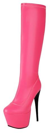 Mo Joc Stivali da donna con tacco alto, punta tonda, tacco da 15 cm e plateau da 6,5 cm, altezza gambale 38 cm, chiusura lampo laterale, suola antiscivolo, fucsia, 43 EU