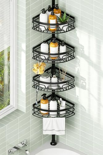 KEGII Teleskop Duschregal - 4 Tier Duschregal Ohne Bohren Teleskopregal Ecke Shampoo Halterung für Dusche(63,5-290 CM, Schwarz)