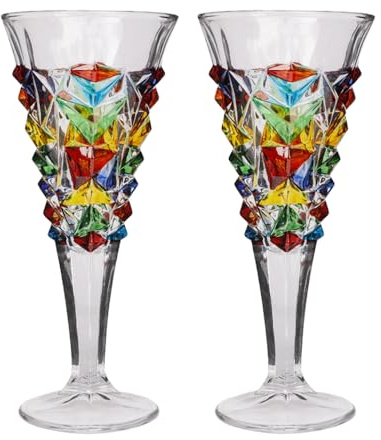Puremagics Set di 2 flute da champagne in cristallo colorato dipinto a mano, regalo unico per festa della mamma, compleanno, matrimonio, ideali per degustazione di vino, uso quotidiano (200 ml)