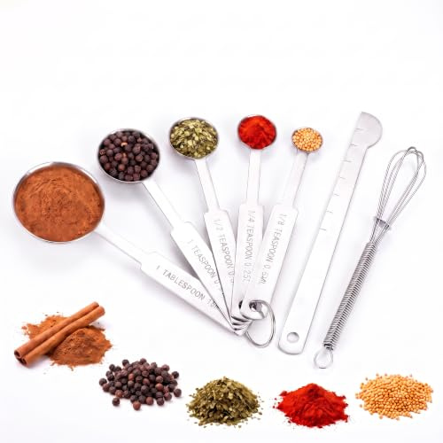 Lot de 7 Cuillères Doseuses en Acier Inoxydable pour Cuisine & Pâtisserie | Petite Cuillère Doseuse Gramme Verre Doseur Cuisine Avec Règle et Fouet Petite - Manche Carré Graduations Gravées