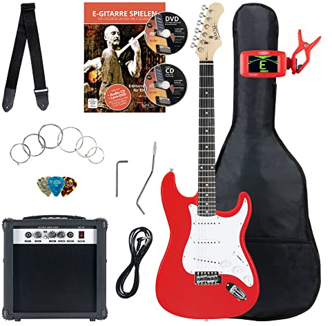 Rocktile Banger's Pack E-Gitarren Set Red inkl. Verstärker, Tasche | Rocktile ST-Style E-Gitarre, Red Finish, 3 Single-Coil Tonabnehmer, 5-Wege Wahlschalter, 1 Volume-/ 2 Toneregler, Inkl. Kabel