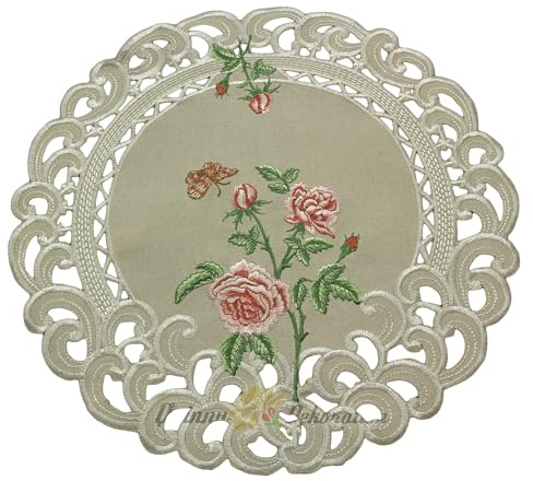 Rosen Tischläufer/Tischdecke Leinen-Optik Creme mit rosa Blumen Stickerei - Größe wählbar (ca. 40 cm Rund)