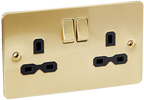 Knightsbridge FPR9000BB Flat Plate 13A 2G DP Switched Socket-Brushed Brass with Black Insert, 230 V