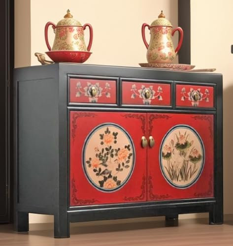 OPIUM OUTLET chinesische Kommode Sideboard Schrank asiatisch orientalisch Anrichte rot Vintage Shabby Chic Stil antiker Landhaus-Stil