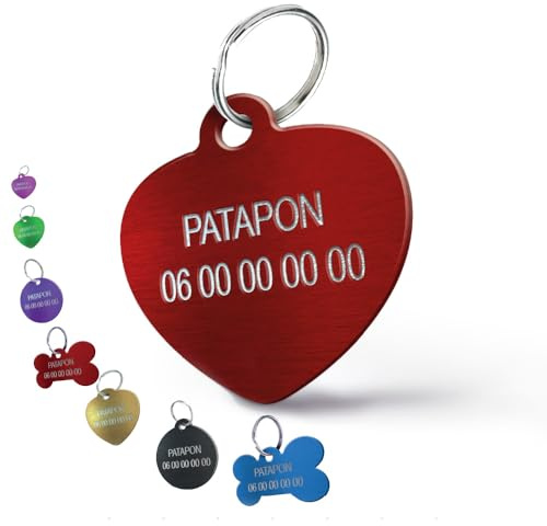 Médaille Gravée pour Chien et Chat – Médaillon d’Identification Personnalisé 2 Lignes En Aluminium Anodisé – Gravure Recto Verso avec Nom & Numéro (Petit Coeur-25 mm, Rouge)