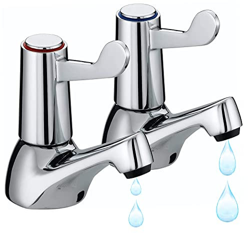 Pair of 2 Bathroom Basin Taps – Sink Tap with Ceramic Chrome Lever Brass Pillar for Hot and Cold Water, Pair of Bathroom Sink Modern Basin Tap for Bathrooms and Kitchen Turn Lever Taps