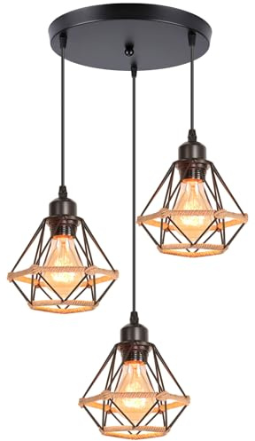 iDEGU 3-flammig Hängelampe 16CM Industrie Pendelleuchte Vintage Lampenschirme aus Metall und Hanfseil Käfig Design Retro E27 Schwarz Pendelleuchte für Esszimmer Wohnzimmer (3-flammig, Rondell)