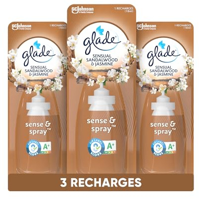 Glade Sense & Spray Recharges Diffuseur à Détection de Mouvement - Infusé Aux Huiles Essentielles - Jusqu'à 2 Mois de Parfum - Sensual Sandalwood & Jasmine - 3 Recharges
