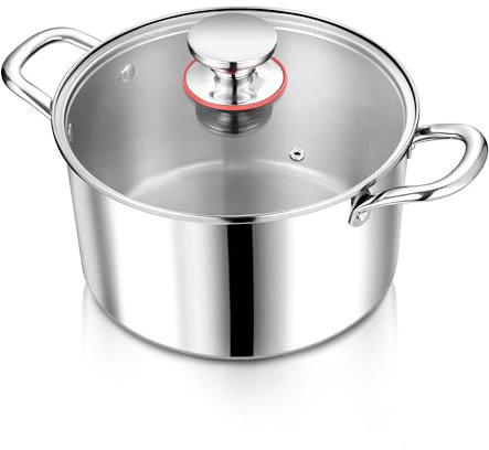 Herogo Cooking Pot, Stainless Steel Induction Cooking Pot with Glass Lid, Diameter 20 cm / 3.3 L Soup Pot, Meat Pot, Pasta Pot, Spaghetti Pot for Cooking, Healthy and Uncoated, Oven-Safe, Saucepans