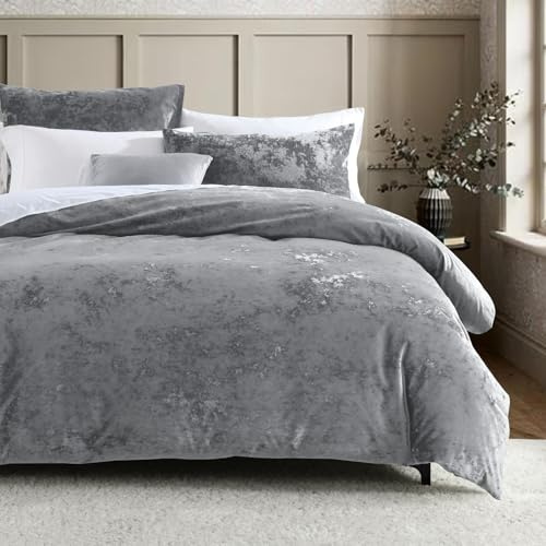 HORIMOTE HOME Luxury Crushed Velvet Duvet Cover Set 3 Piece Double Size Grey Quilt Covers Bedding Set Button Closure with 2 Pillowcases