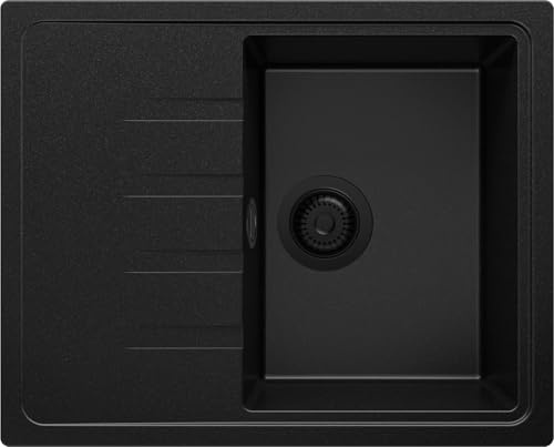 PRIMAGRAN Fregadero Cocina al Mueble 40cm + Kit de desagüe, 62x50cm | Set: Kit de desagüe (sifón, válvula, rebosadero) + Milano 1 Seno Granito, Todo Negro