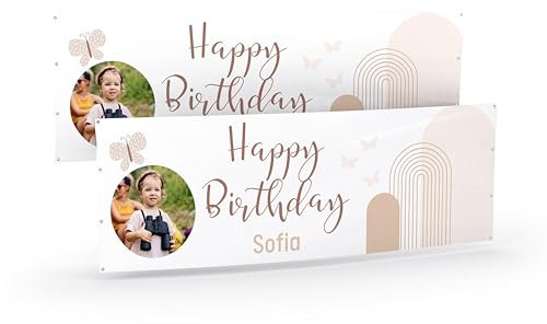 Banner selbst gestalten mit Foto und Text I Geburtstagsbanner (50x 50cm) personalisierbar mit Schmetterling I Kindergeburtstag Deko