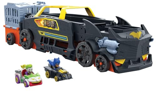 Hot Wheels RacerVerse Camión de Transporte de Batman, Pista para Coches de Juguete con 3 lanzadores, Incluye 1 vehículo de Batman y 1 del Joker, Regalo para niños y niñas +3 años, HXN21