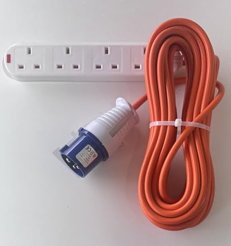 MAIL MORE Caravan Extension Lead Heavy Duty Caravan Hook Up Cable - 16 Amp Socket Cable 240V Camping Extension Lead, High Visibility, Orange Mains Power Cable Campervan Motorhomes 4 way Socket (9.9M)