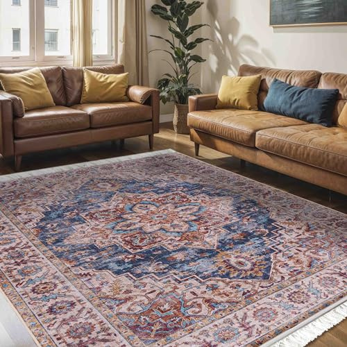 Mazovia Teppich Wohnzimmer 140x200cm Creme Blau Vintage Traditionell | Teppich für Schlafzimmer Büro Esszimmer Eingangsbereich Beige Stilvoll Rutschfest Maschinenwaschbar Wetterfest Pflegeleicht