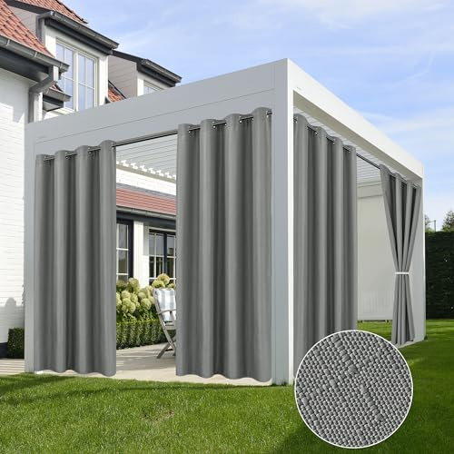 HolidayIdeas 4 Panels Linen Outdoor Curtains for Patio Waterproof Curtains 54 Wide x 84 Long-Indoor/Outdoor Light Grey Curtains Waterproof, Privacy for Pergola, Porch, Gazebo, Backyard, Sunroom