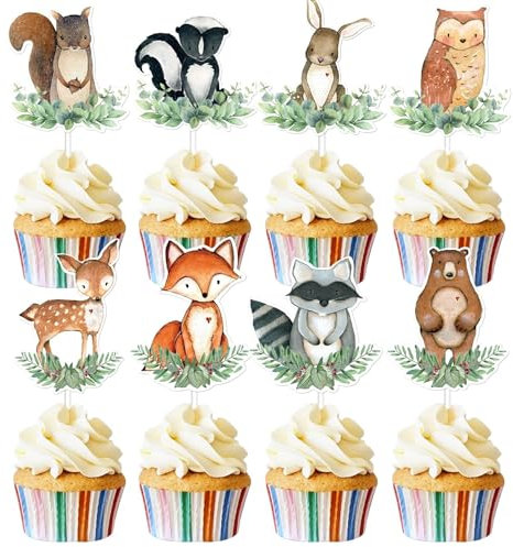 BAIDZFU Cupcake Topper, 24 Pezzi Cake Topper Animali, Topper per Cupcake, Decorazione Della Torta, Decori Torta Cupcake Zoo per Feste di Compleanno a Tema Foresta
