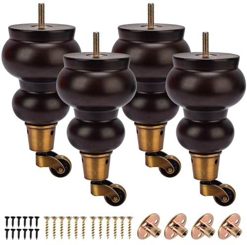 Btowin VCF 17cm Holz Möbelfüße mit Lenkrollen, 4er Set Massivholz Spindel Tischbeine Möbelbeine mit Rollen & vorgebohrten M8 Bolzen & Montageplatten für Schrank Sofa Ottomane Liegestuhl Sessel