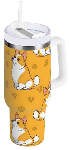 Corgis and Foot Prints Gobelet de voyage isotherme en acier inoxydable avec poignée et paille, bouteille d'eau réutilisable, 1,2 l