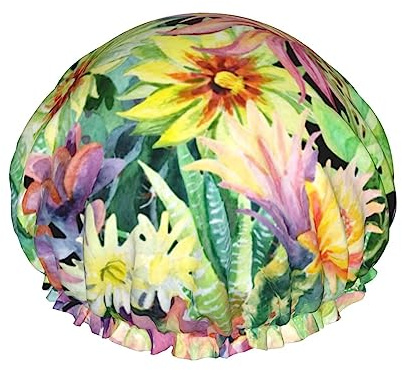 Salelf Watercolor Blooming Cactus Shower Caps for Women Reusable Waterproof Soft Women Shower Hat Reusable Hair Cap for Shower Double Protection Layers