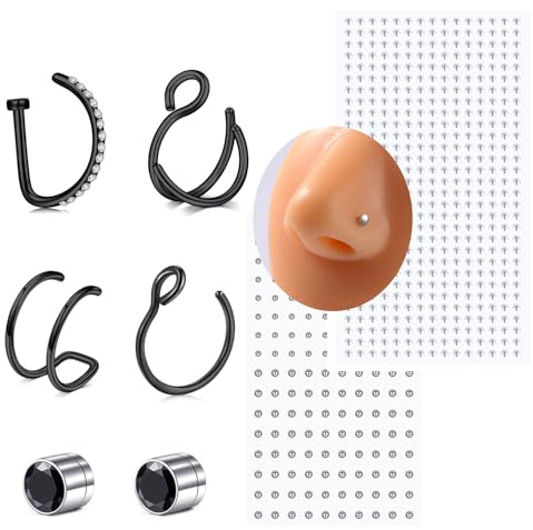 VFUN Faux anneaux de nez - Faux piercing pour sourcil, lèvre, labret - Faux piercing de nez - Faux piercing pour le visage - Bijou non percé, Acier inoxydable