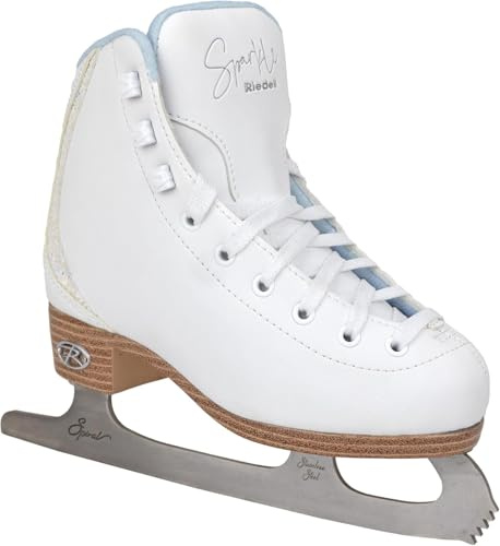 Riedell Sparkle Junior Kids Ice Skates for Girls and Boys - Beautiful, Supportive Uppers with Glitter Accents, PVC Soles, and Stainless Steel Blades - Ice Blue - Size 2 JR