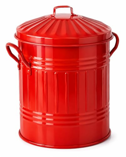 Unibos | 13L Red Metal Dust Bin with Lid, Powder-Coated Steel Rubbish Bin, Indoor & Outdoor Waste Bin with Side Handles, Recycling Bin for Kitchen, Garden, Utility Room & Garage, 36cm