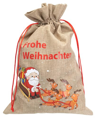 Idena 30529 - Weihnachtsgeschenkesack ca. 30 x 40 cm, Stoffbeutel mit Weihnachtsmann im Rentierschlittten und Aufschrift Frohe Weihnachten, Weihnachtssack mit roter Kordel