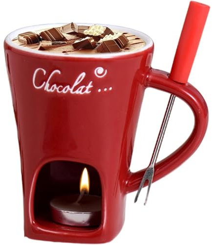 WANWEN Tazza per Fonduta di Cioccolato, Tazze per Fonduta di Cioccolato con Forchette, Tazza per Fonduta con Candele da tè, per Sciogli Cioccolato Burro Formaggio Caramelle Caramello (Red)