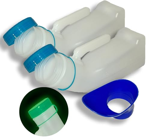 Male/Female Portable Urinal - Pee Bottle Glow Lid Womens Mens [2 Pack 1000mL - 2pc Attachment] Unisex Portable Spill Proof Travel Hospital and Home Care (2)