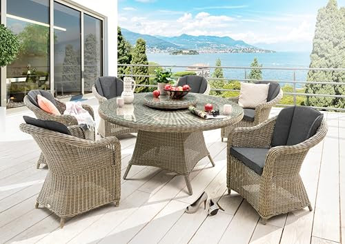 Destiny Sitzgruppe Malaga Luna 6 Sessel + Tisch Ø150x75cm + Drehteller, Natur meliert