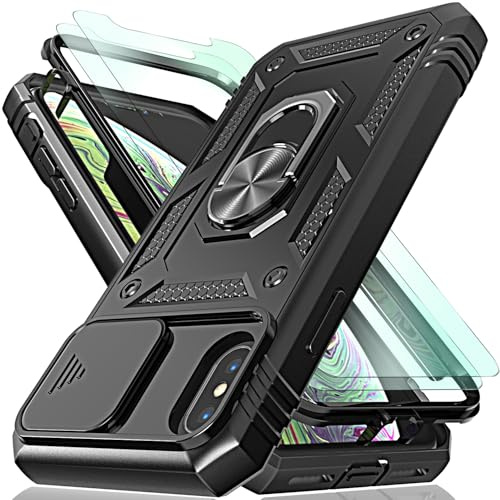 HpulaCase for iphone Xs Max Case with Camera Cover Slider, 2*Screen Protectors,Build in 360°Rotating Ring Kickstand, Military Grade Protective Case for iphone Xs Max-Black