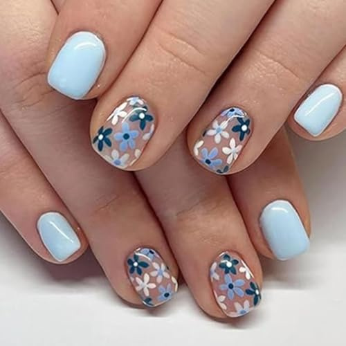 24 Stück French Press on Nails Kurz- Square Blaue Blumen Künstliche Nägel - Natürlich Eckig Falsche Nägel - Full Cover Kunstnägel Glänzend Acryl Fingernägel Zum Aufkleben für Frauen & Mädchen Nail Art