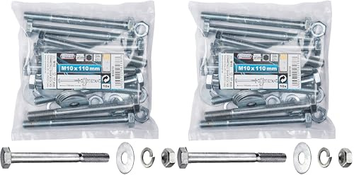 Connex Sechskantschrauben M10 x 110 mm - 10 Stück - Außensechskant-Antrieb - Verzinkt - Für sämtliche Konstruktionen - Inkl. Unterlegscheiben, Federringe & Muttern/Schrauben-Sortiment / B30019
