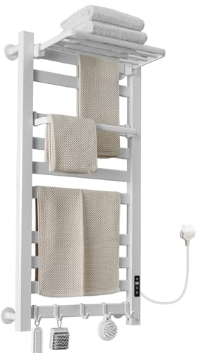 VelvetWarm Heated Towel Rail Self-Adhesive & Wall Mounted,10 Bar 960x485mm Electric Towel Rail with Thermostat,White Flat Bathroom Ladder Electric Towel Radiator