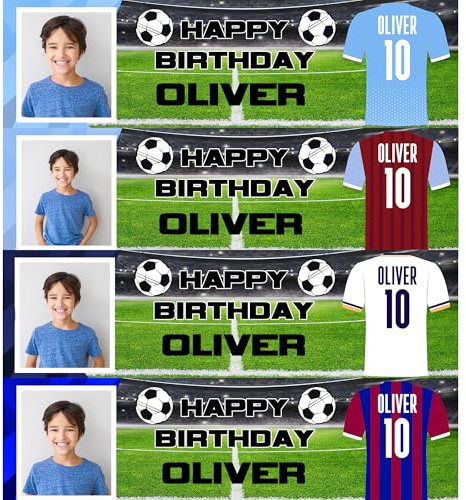 Personalised Football Birthday Banner with Picture 152 x 43 cm Custom Party Decoration for Girls and Boys - Football themed party sign for kids - White