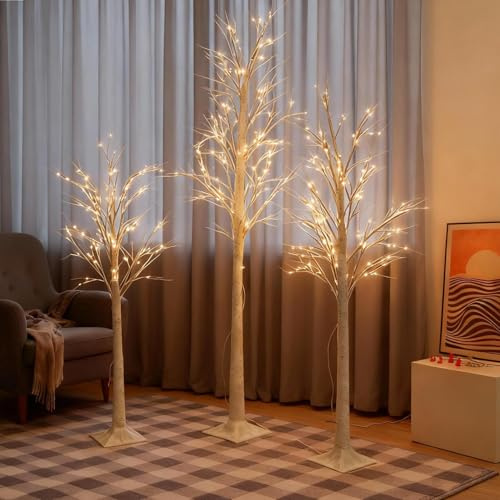 White Twig Tree Set with Lights Christmas Tree-5FT 6FT 8FT, 3 Pack with 448 LEDs Total, Plug in Led Birch Tree Light Up Tree Indoor Outdoor Festive Garden Decor