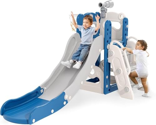 Kinderrutsche, große Kleinkind Rutsche mit Basketballkorb,Klettergerüst für den Garten, Teleskop, Stauraum, für 1-3 Jahre,extra Lange 1700 mm ((5-in-1 Naughty Bear Blaugrau))