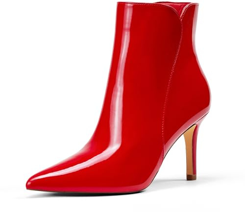 Zhabtuc botines de mujer con tacón de 8 cm, punta sexy, zapatos de noche y fiesta elegantes con cremallera lateral, Charol rojo, 37 EU