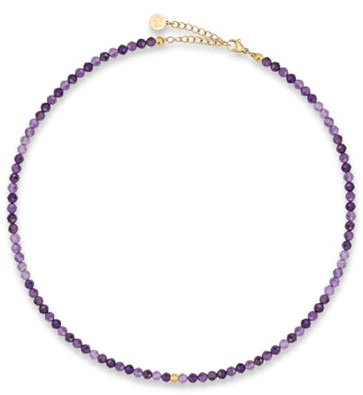 Pärlhalsband för dam av äkta fasetterade naturstenar 4 mm | Justerbart ametisthalsband med 18K guldplätering (40–45 cm) | Vattentåligt boho-halsband (lila)