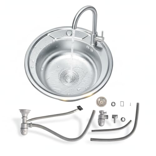 Mucola Rundspüle Küchenspüle Edelstahl Ø 49 cm Innenmaß 45 cm Silber | hygienisch, satinierte Oberfläche, inkl. Ablaufgarnitur und Ablaufsieb mit Stoppfunktion, für Töpfe und Pfannen, Ablage