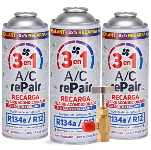 A/C rePair Recarga Aire Acondicionado Coche 3 en 1 Compatible R134a/R12 hasta 2016 – Sustituto Refrigerante con Sellador y Lubricante 400ml (3 ENVASES + LLAVE)