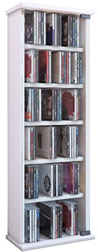 VCM CD Regal Holz Vetro | platzsparender CD Schrank mit Glastüren für 150 CDs oder 65 DVDs | Maße: H. 92 x B. 31 x T. 18 cm | Elegantes DVD Regal stehend | Blu ray Regal | CD Regal Weiß