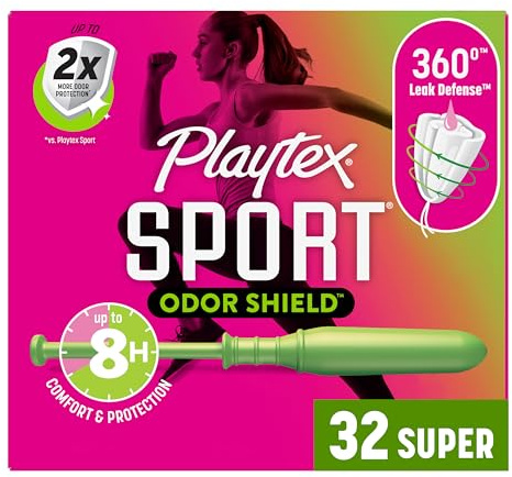 Playtex Sport Odor Shield Tampons Super Absorbency, Unscented - 32ct | Super Tampons for Women, Feminine Care, Playtex Tampon with 360 Leak Defense and Odor Control