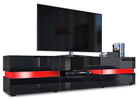 Vladon Buffet Bas Flow, Meuble TV avec vitre d’Ambiance rétroéclairée, 2 Portes, 1 tiroir et 1 clapet, Noir Haute Brillance/Noir Haute Brillance, élcairage LED Inclus (177 x 45 x 39 cm)