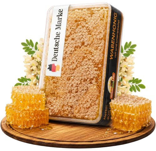 ImkerPur Akazien-Wabenhonig 400g 1er Set| Echtes Wabenstück aus zartem Bienenwachs in goldenem Akazienhonig zum Essen | Mild-aromatisch aus ungarischen Akazienwäldern, direkt vom Imker in Frischebox