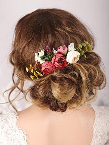 Kercisbeauty Handgefertigter Boho-Haarkamm für Bräute, künstliche Blumen, rote Blumen, Haar-Accessoires, Garten, Hochzeit