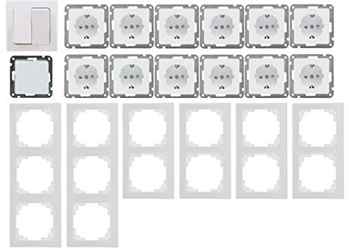 Delphi Steckdose Schalter Unterputz Set 21-teilig 12 Steckdosen Lichtschalter Rahmen 230V Einbau Weiß