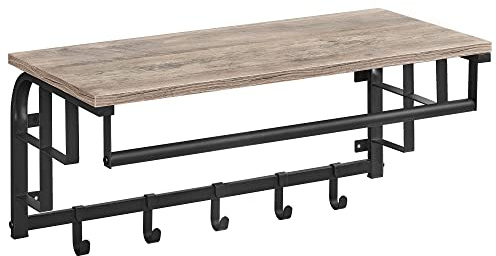 VASAGLE Perchero de Pared, Perchero Colgante con 5 Ganchos Extraíbles, Estante Montado en Pared, Barra de Colgar, para Pasillo, Dormitorio, Sala de Estar, Greige y Negro LCR012B02