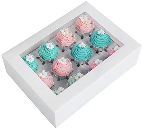 ONE MORE 15-Pack White Cupcake Boxes 12 Holders Cake Carrier Food Grade Pop-up Bakery Boxes 13.8 x 9.5 x 4inch with Inserts and PVC Windows Fits 12 Cavity Cupcake Pack of 15